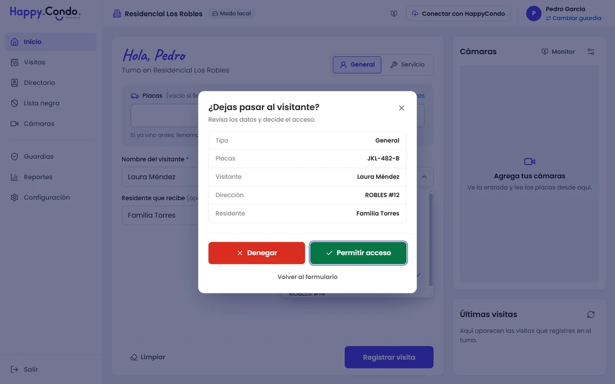 Guard Desk: confirmación para permitir o denegar el acceso a un visitante