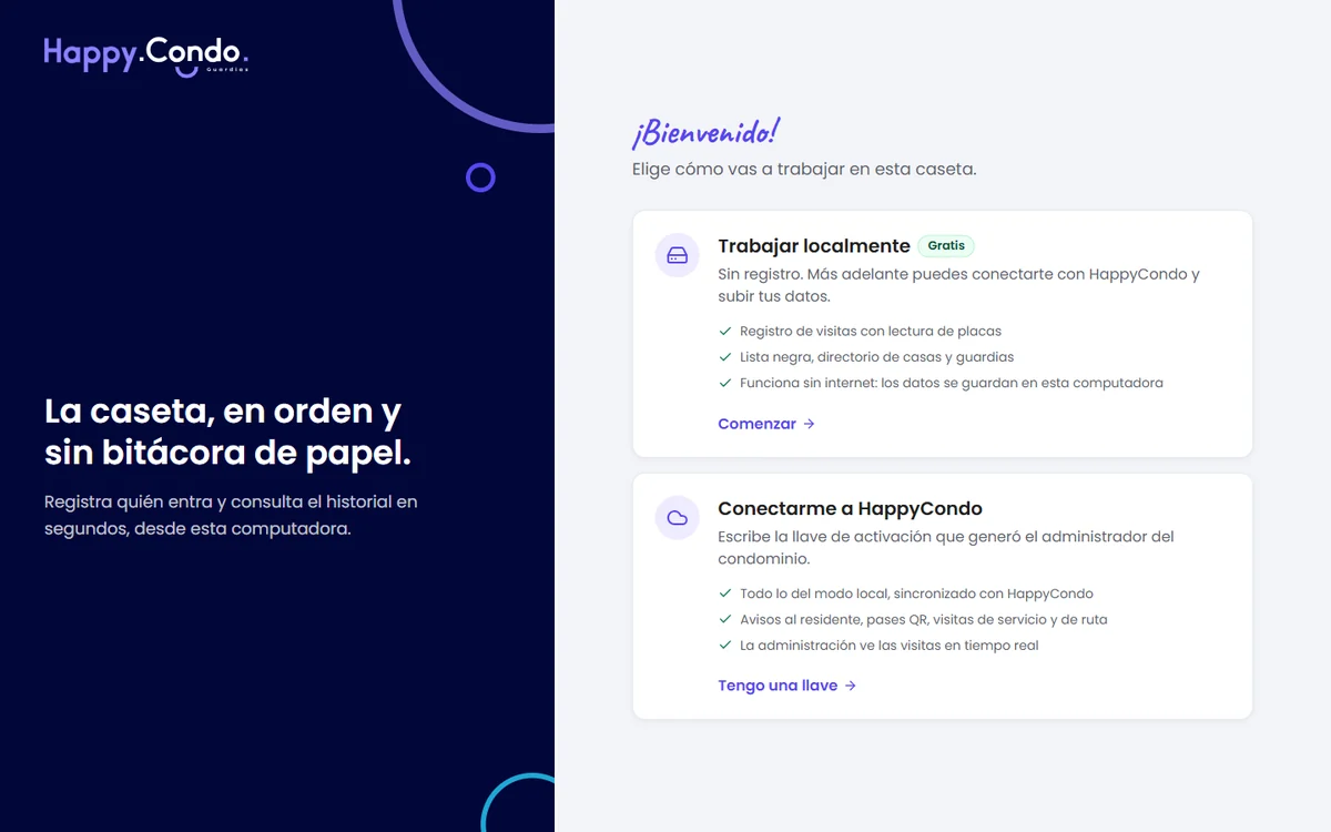Guard Desk: elegir entre trabajar localmente gratis o conectarse a HappyCondo